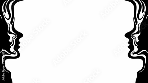 Black and white symmetrical design featuring stylized human profiles facing inward on either side of the frame