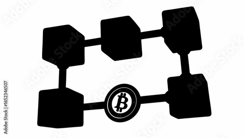 Stylized bitcoin blockchain network illustration with black blocks and bitcoin symbol in the center