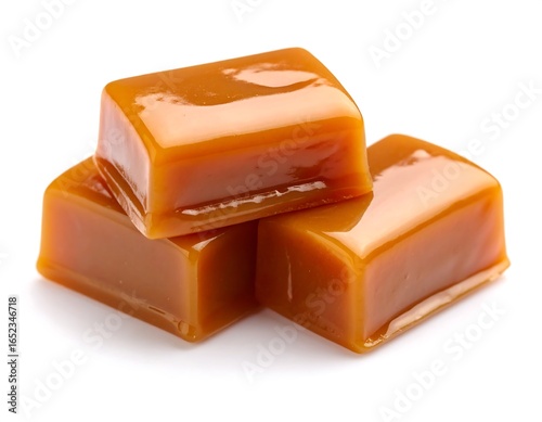 Close-up of stacked caramel candies isolated on a white background