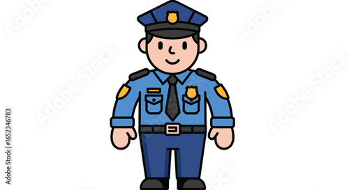 Friendly cartoon police officer character in a classic blue uniform. Vector illustration of a smiling male cop, a law enforcement professional isolated on a white background.