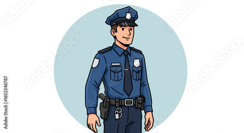 Friendly Police Officer in Uniform Vector Illustration, Public Safety and Law Enforcement Concept