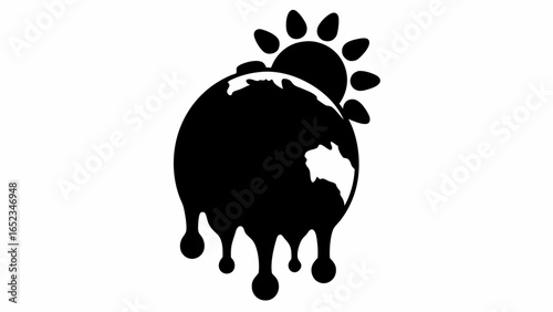 Black and white globe melting with sun shining on it representing global warming and climate change issues