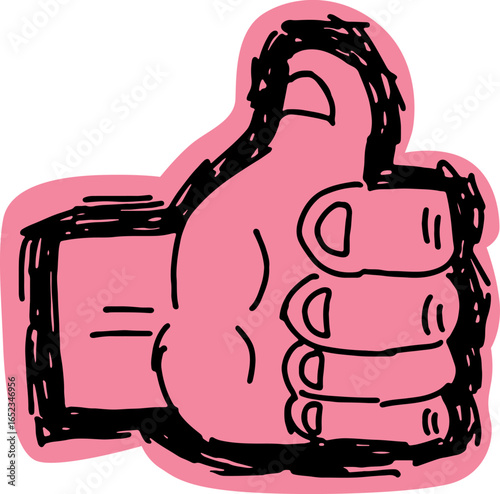 Male wrist with raised thumb, symbol of approval, consent and positive assessment, drawn with black lines, grunge style sketch with pink background outline