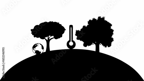 Silhouette of trees globe and thermometer on a hill depicting global warming and climate change concerns