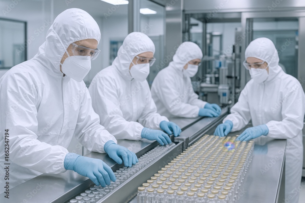 Obraz premium Pharmaceutical Manufacturing: Technicians in Sterile Suits Inspecting Vials on Conveyor Belt in Modern Production Facility