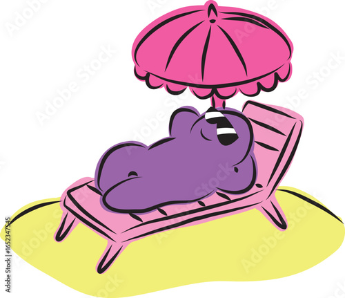 Funny purple man in sunglasses lying contentedly on a beach lounger under a pink umbrella, hand drawn with a black brush in curved lines