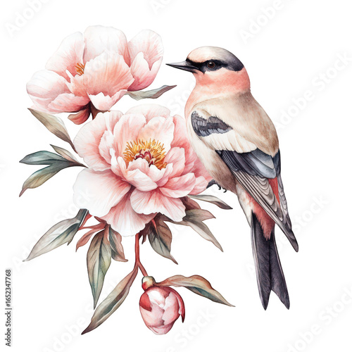 Watercolor painting of a bird perched on a delicate pink peony flower isolated on transparent background