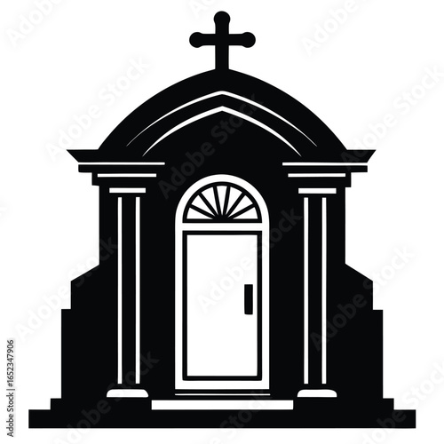 Black Silhouette of a Mausoleum with Cross and Door on White Background tomb crypt
