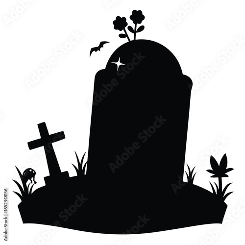 Halloween Tombstone Silhouette with Cross and Bat on White Background graveyard cemetery