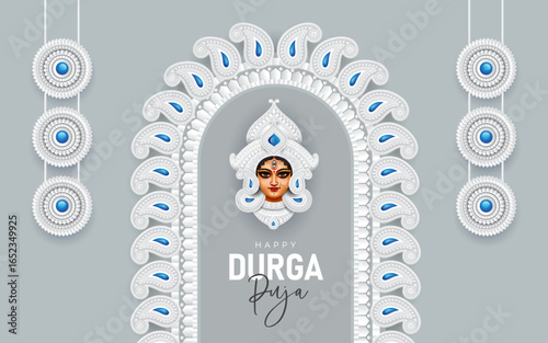 Happy Durga Puja Festival Design Template, Indian Religious Festival Durga Puja Background Design Template with Creative Goddess Durga Face Illustration