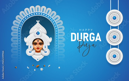 Happy Durga Puja Festival Design Template, Indian Religious Festival Durga Puja Background Design Template with Creative Goddess Durga Face Illustration