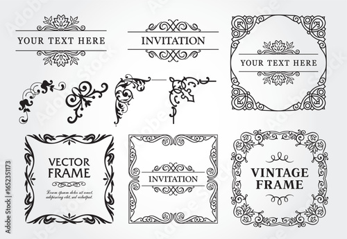 Design elements set, decorative flourish border corner and frame collection for invitation, menu and page decoration