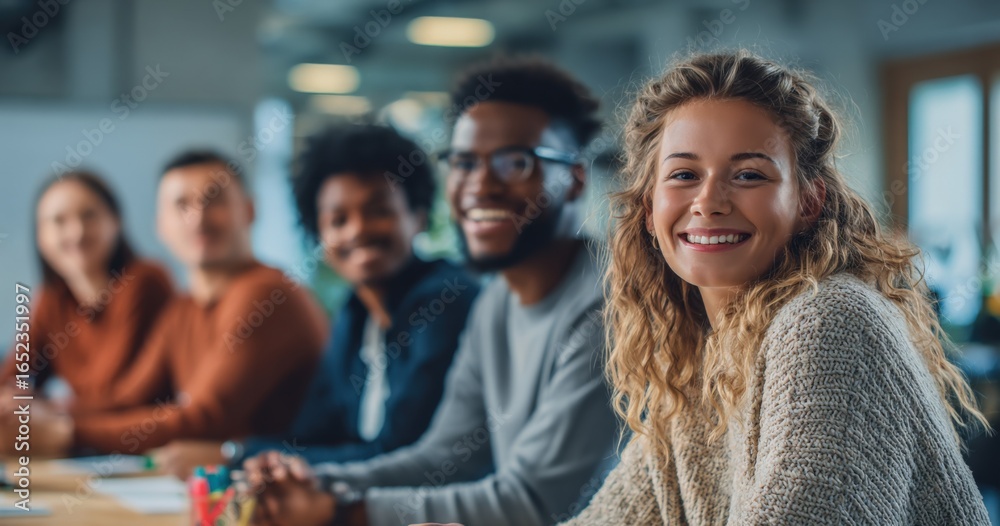 Obraz premium Smiling Young Professionals: Diverse Team Working Together in Modern Office Environment for Collaboration and Success