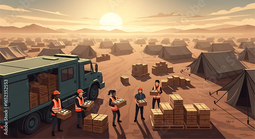 Humanitarian aid workers distributing supplies at an extensive refugee camp against a backdrop of arid desert landscape during a crisis situation evoking hope and resilience