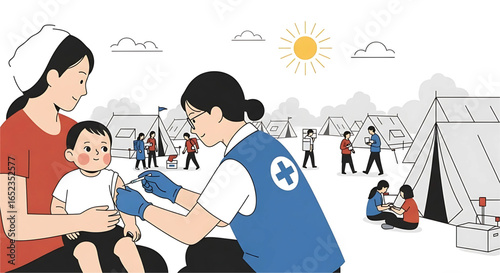 Vaccination Effort at a Temporary Settlement: A Health Worker Administers a Vaccine to a Child Held by their Mother in a Camp Setting with Tents