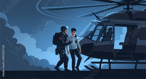 Dramatic rescue scene depicting a man being helped into a helicopter by a uniformed officer amidst a clouded backdrop creating a sense of urgency and protection