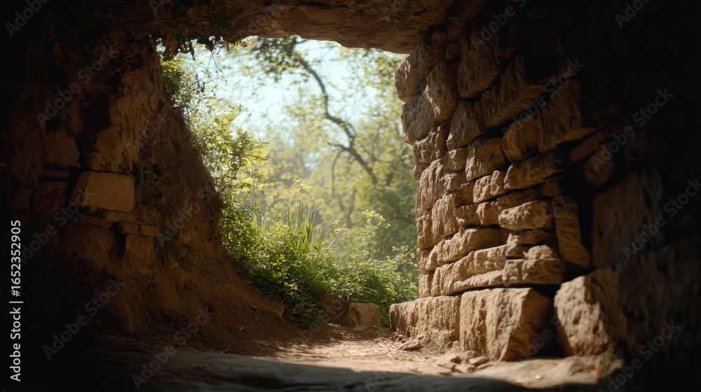 Obraz premium Stone archway trail winding through lush green forest, perfect for nature adventure themes, travel guide illustrations, and fantasy scene backgrounds