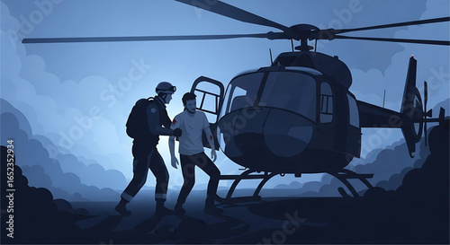 A dramatic rescue scene unfolds as a medic guides an injured individual towards a waiting helicopter under a clouded sky reflecting the urgency and importance of emergency medical response