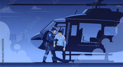Aiding hand: Medevac crew assists injured man near helicopter in blue light atmosphere depicting safety and urgency of medical transport in a city backdrop