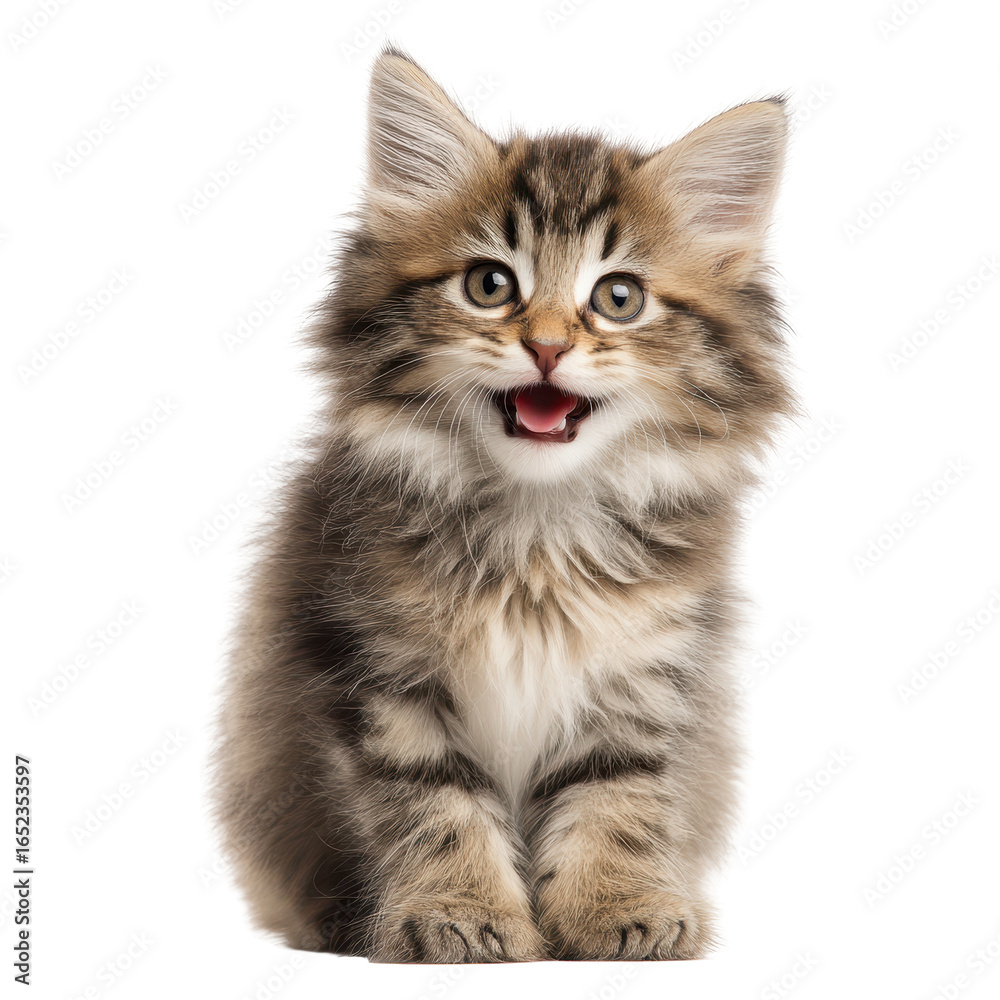 Obraz premium Cute fluffy kitten with bright eyes happily sitting in a playful pose indoors