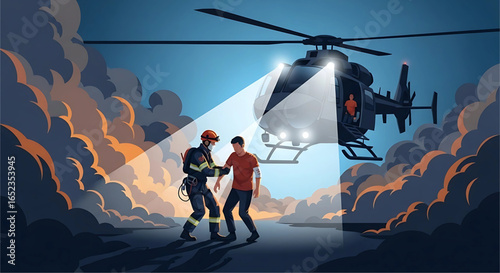 Helicopter rescue operation at night as a fireman assists a civilian amidst a backdrop of smoke and dramatic lighting demonstrating teamwork and bravery