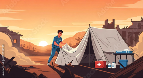 A Dedicated Medical Professional Sets Up a Makeshift Treatment Area Amidst a Post-Disaster Landscape Providing Essential Assistance and Care in a Crisis Situation