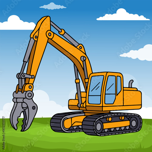 Excavator with Demolition Claw Construction Heavy Equipment Cartoon