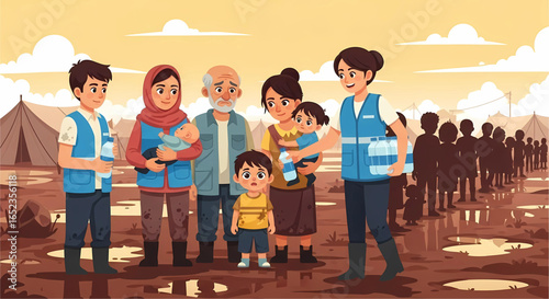 Humanitarian assistance following a disaster relief effort showcasing volunteers helping displaced families affected by floods and providing essential supplies in a camp