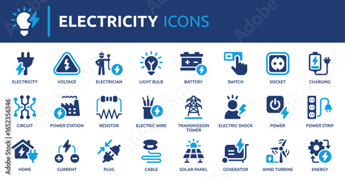 Electricity icon set. Containing energy, power, voltage, current, plug, battery, electrician, socket and more. Solid vector icons collection.