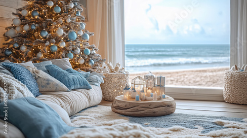 a seaside coastal living room with blue and silver Christmas decorations, driftwood tree, ocean view