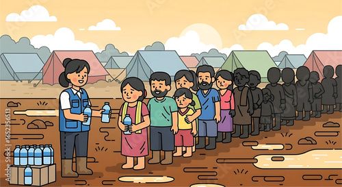 Illustrative depiction of humanitarian aid at a refugee camp, portraying water distribution to a queue of diverse people with temporary tent housing in the background symbolizing displacement
