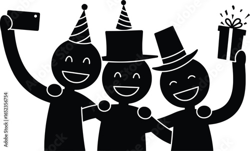Stickman Friends Enjoying a Birthday Party with Gifts and Selfies in a Fun Vector Illustration Environment