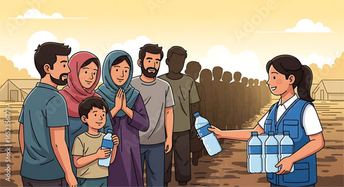 Humanitarian Aid Illustration: Distribution of Bottled Water to a Queue of Individuals in a Settlement Featuring Volunteers Offering Assistance with a Focus on Clean Water Access