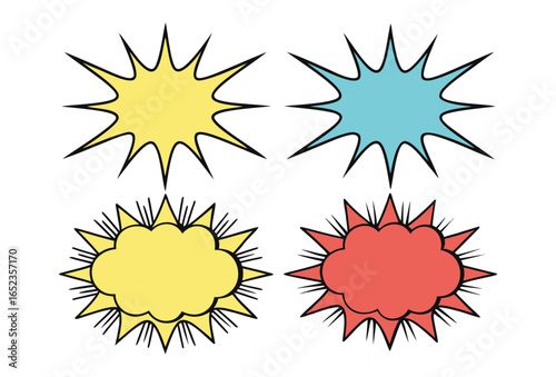 Four colorful comic book style explosion speech bubbles with jagged edges on white background