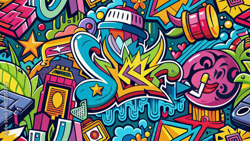 Colorful urban graffiti art vector illustration, street murals and tags for street art enthusiasts