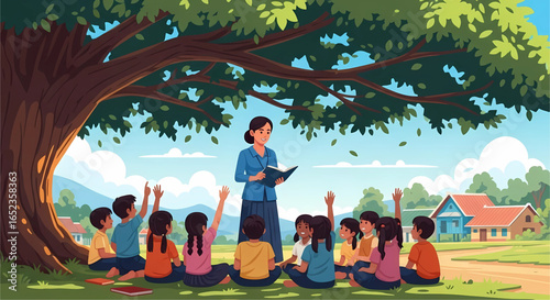 Educational illustration depicting a teacher surrounded by attentive students under a tree, fostering learning and curiosity in a natural outdoor setting with vibrant colors