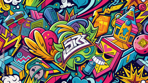 Colorful urban graffiti art vector illustration, street murals and tags for street art enthusiasts