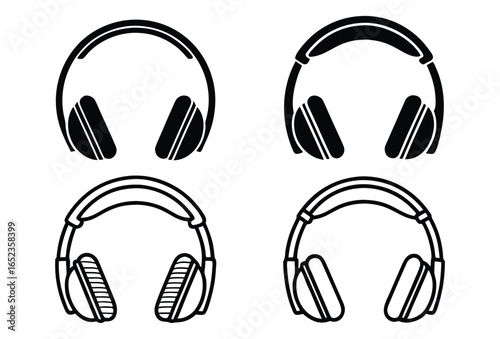Four stylized line art illustrations of over ear headphones in a grid layout