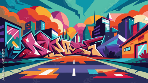 Vibrant Graffiti Art on City Street with Abstract Buildings and Colorful Sky