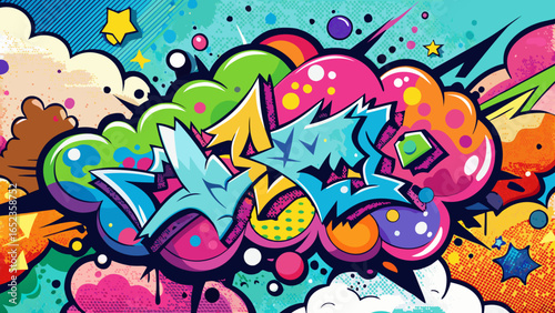 Vector graffiti pop art background with colorful ink splashes, hand drawn urban art style