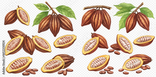 A detailed set of hand-drawn cocoa pods, including whole fruits on branches, halved pods revealing beans, and loose cocoa beans.