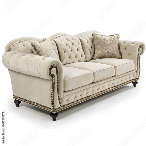 Classic Tufted Victorian-Style Beige Sofa with Ornate Detailing