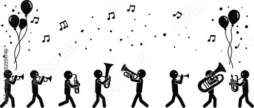 Celebratory March, Stickman Musicians, Birthday Bash, Vector Illustration, Joyful Atmosphere, Side View, Fun and Festivity