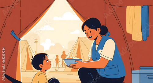 A compassionate aid worker offers nourishment to a young boy within a refugee camp tent fostering hope and care in a temporary sanctuary surrounded by tents and distant figures