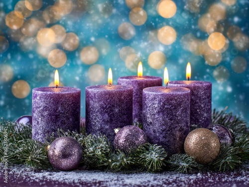 Festive purple candles and ornaments on a Christmas wreath with a snowy bokeh background