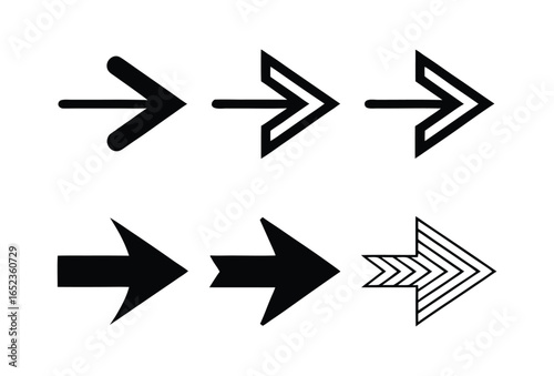 Collection of six diverse arrow icons in black and white showing progression and direction