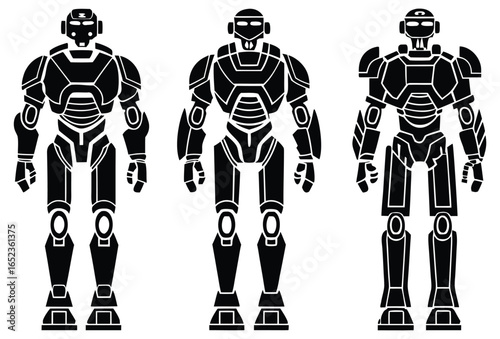 Three futuristic humanoid robots standing in a line against a white background
