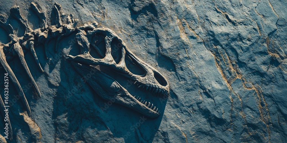 Fototapeta premium Close-up of a dinosaur skeleton fossil skull and skeleton in the ground. The texture and detail evoke a sense of prehistoric times and discovery.