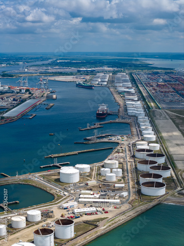 Photography Aerial view of Industrial Shipping on Oil and Gas Refinery port in Le Havre Fran