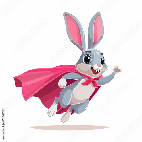 Charming cartoon superhero rabbit in a flying pose. A brave and speedy bunny hero character with a vibrant pink cape.